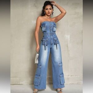 SHEIN Blue Denim Strapless Jumpsuit